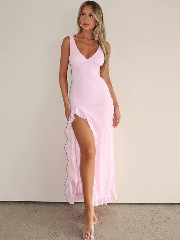 High Ruffle Split Evening Midi Dress