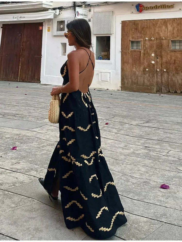 Stylish Backless Women Print Halter Maxi Dress Fashion Deep V neck High Waist Split Dresses Summer Lady Loose High Street Robe