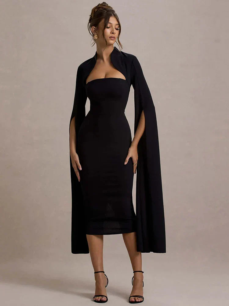 Long Cape Sleeve Back Slit Midi Dress