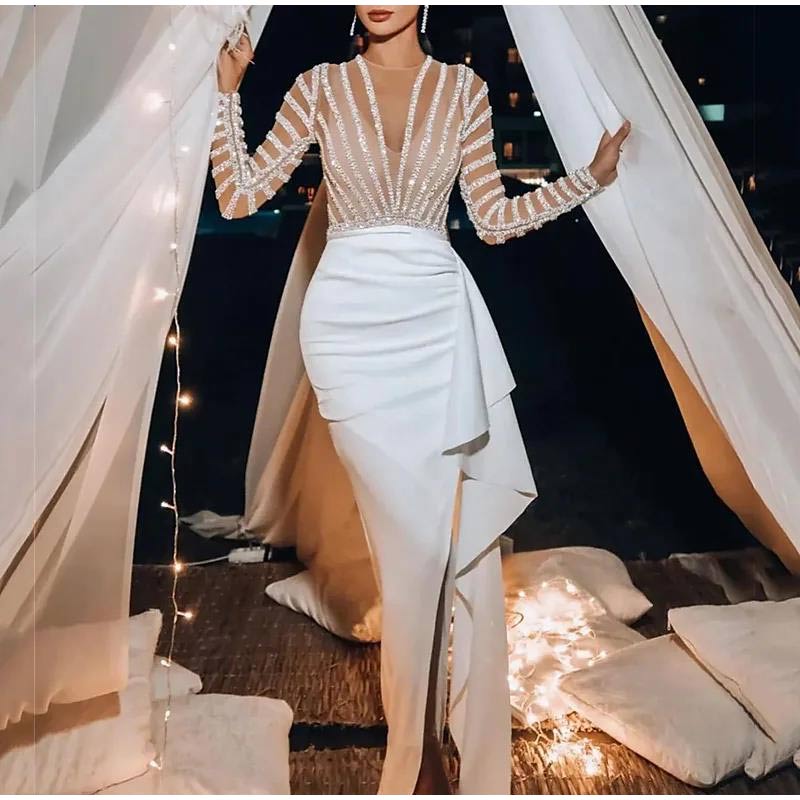Kissnovaa - Splic Sequins Lace Embroidery Irregular Maxi Dress