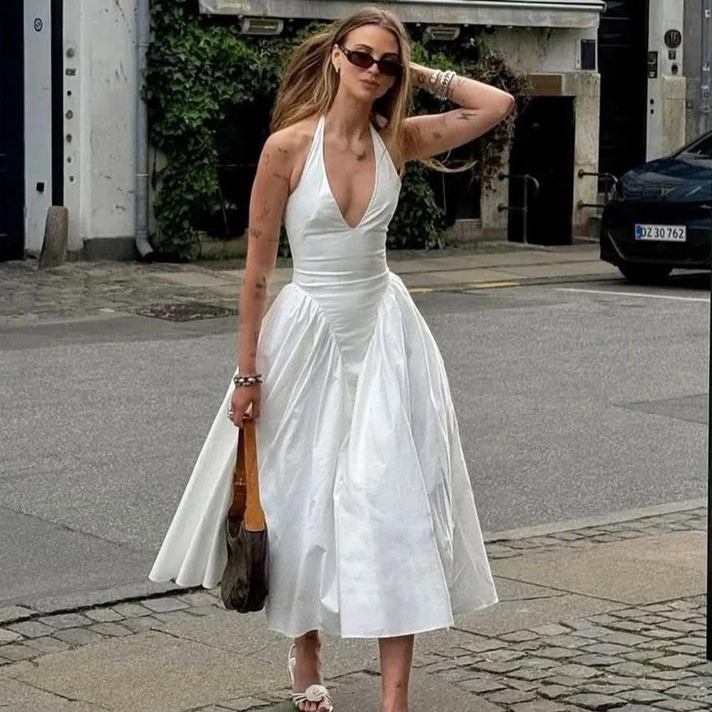 Deep Backless V Spliced Long Midi Dress