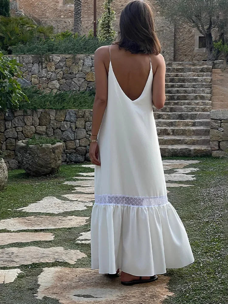 White Edition Satin Mesh Backless Maxi Dress