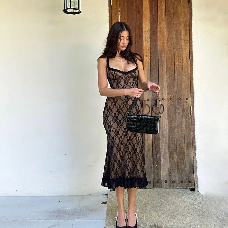 Lace Mesh Plunge Neck Midi Dress