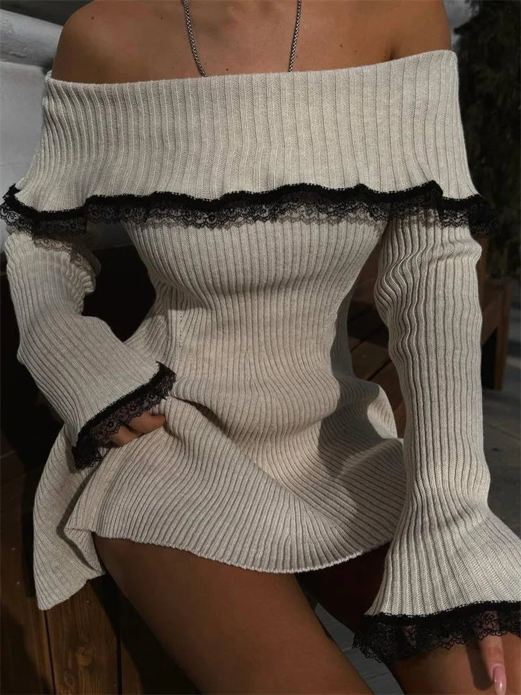 Knit Off Shoulder Sweater Mini Dress Women's Lace Patchwork Ribbed Slim Backless Graceful Party Dress Knitwear Mini Dress