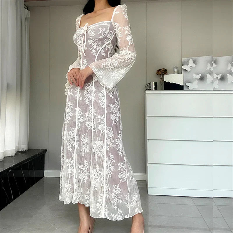 Flared Lace Sleeve ALine Midi Dress