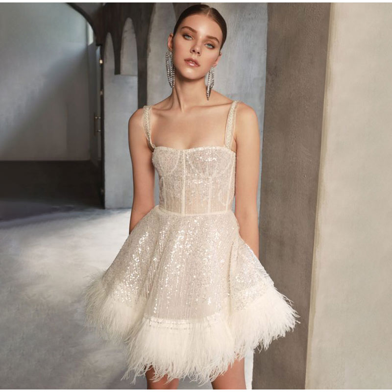 Kissnovaa - Off Shoulder Slip Feather Sequin Sleeveless Dress