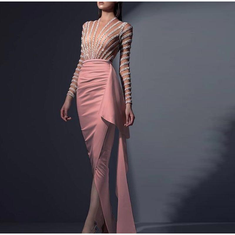 Kissnovaa - Splic Sequins Lace Embroidery Irregular Maxi Dress