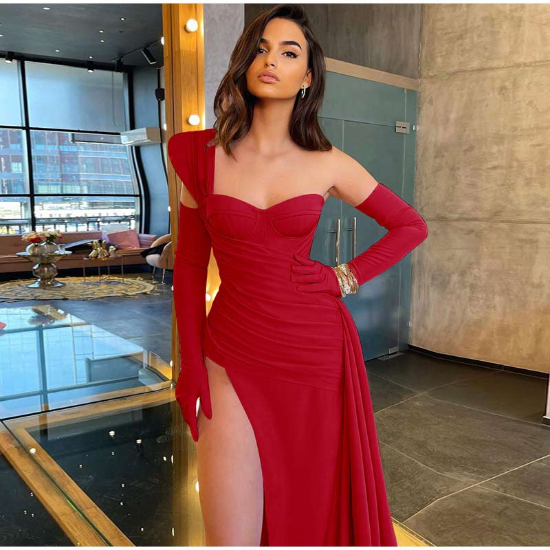 Kissnovaa - Solid Satin Asymmetric Slit Long Sleeve Dress