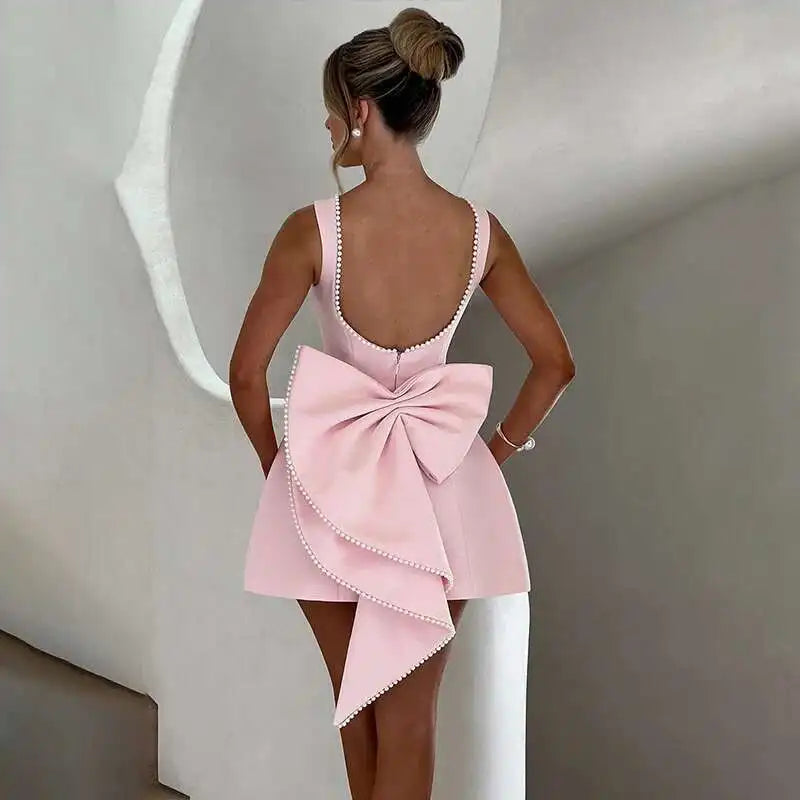 Bow Pearl Waist Wrap Backless Mini Dress