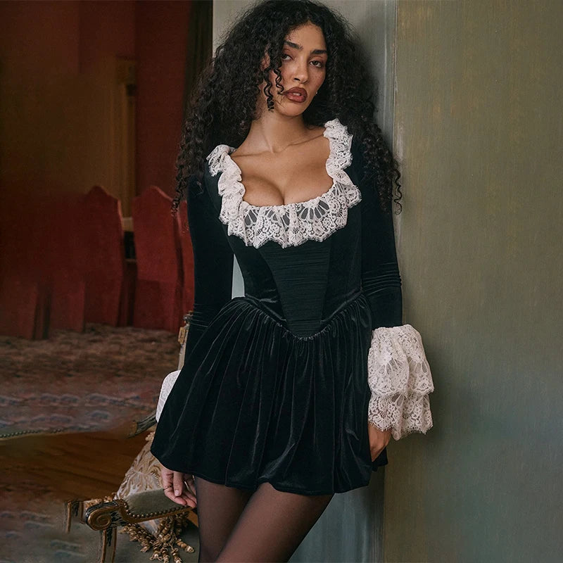 Lace Velvet Patchwork Wrap Mini Dress