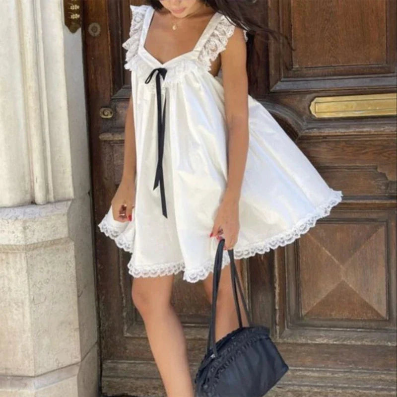 Bow Ribbon Lace Trim ALine Mini Dress