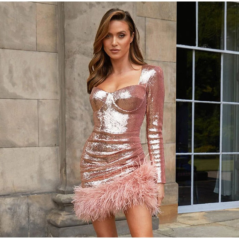 Kissnovaa - Sexy Sequined Feather Square Collar Bodycon Dress
