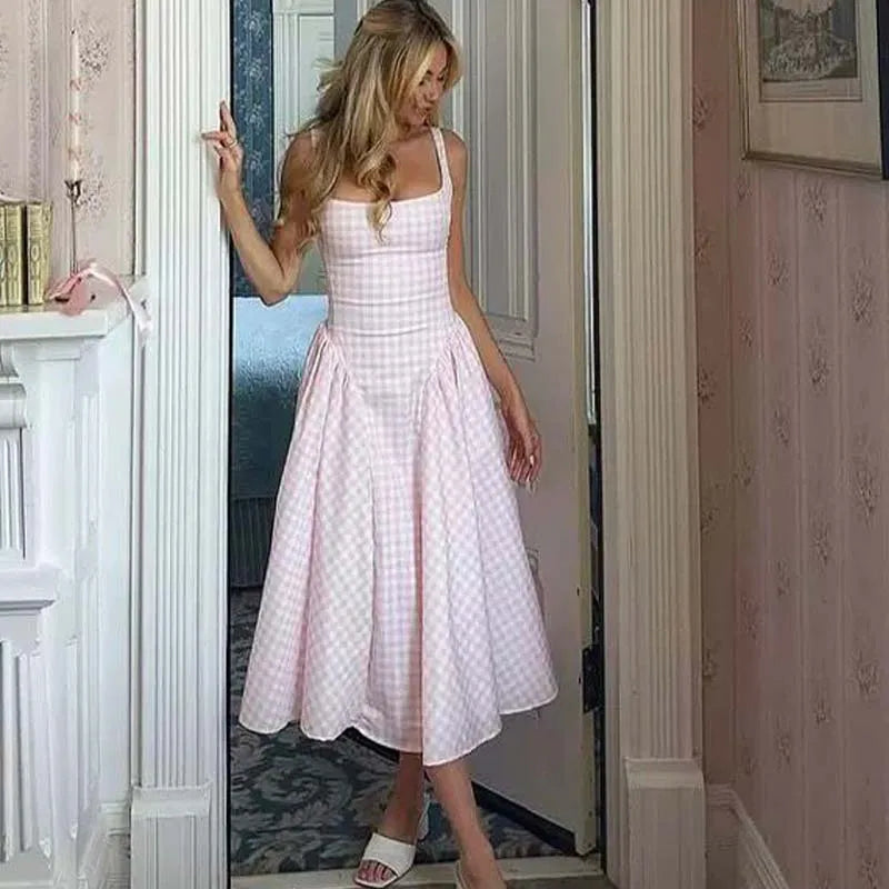 Plaid LaceUp Sling ALine Midi Dress