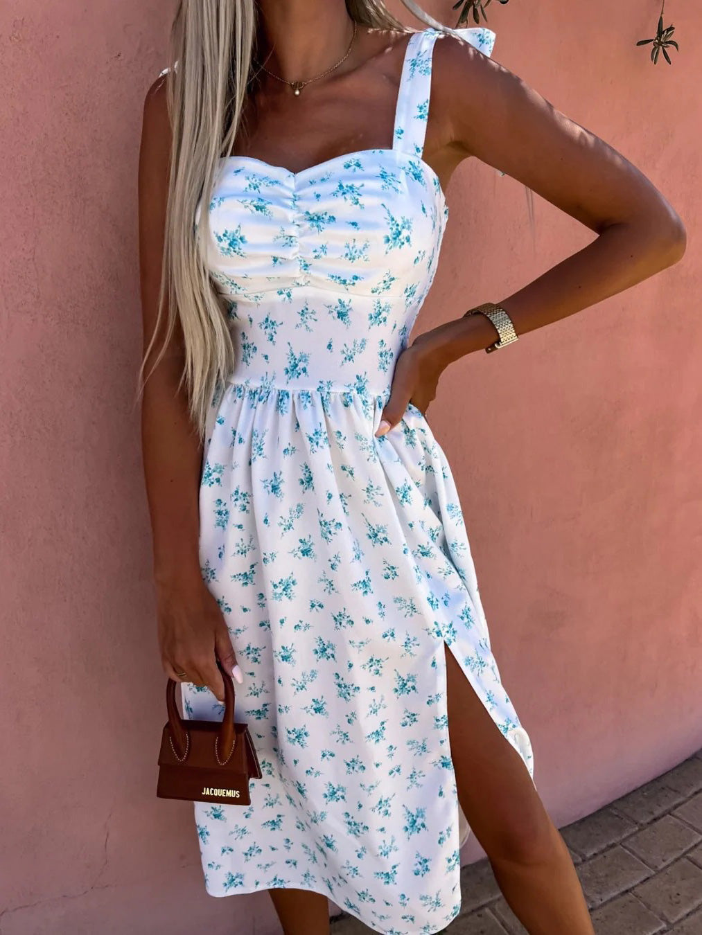 Print Suspender Sleeveless Slit Dress