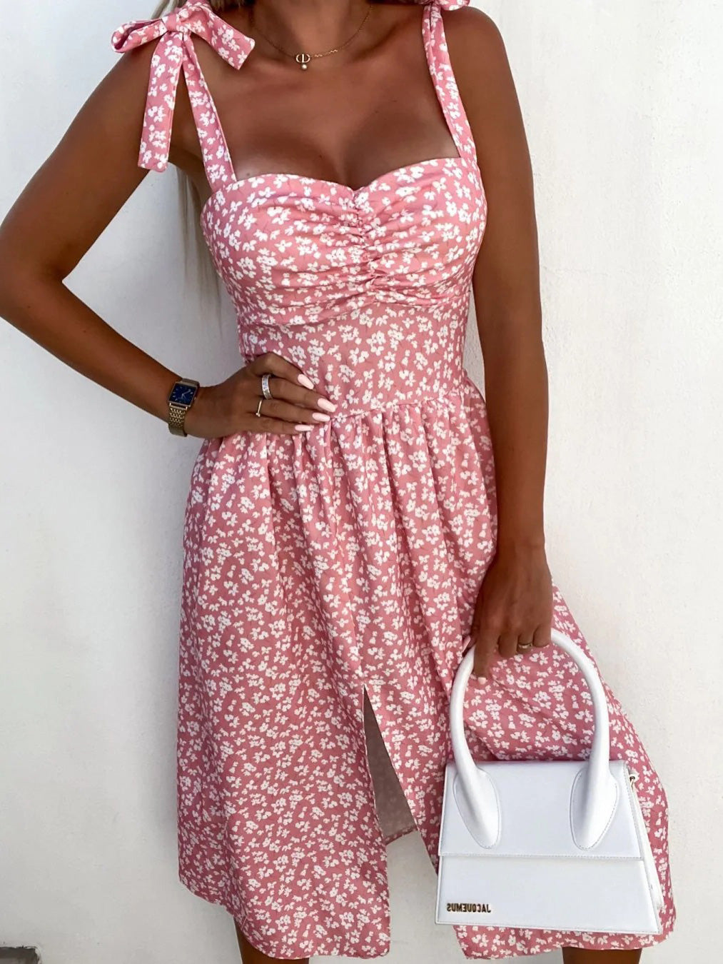 Print Suspender Sleeveless Slit Dress
