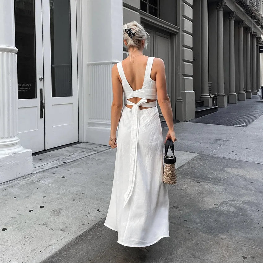 Summer White Refined Midi Dress Women Chic Sleeveless Waist Hollow Out Long Dresses Streetwear Fashion Lace up Vestidos