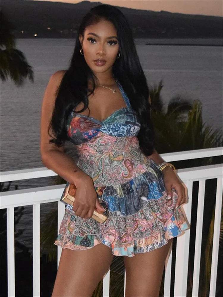 Ruffle Ruched Colorful Halter Mini Dress