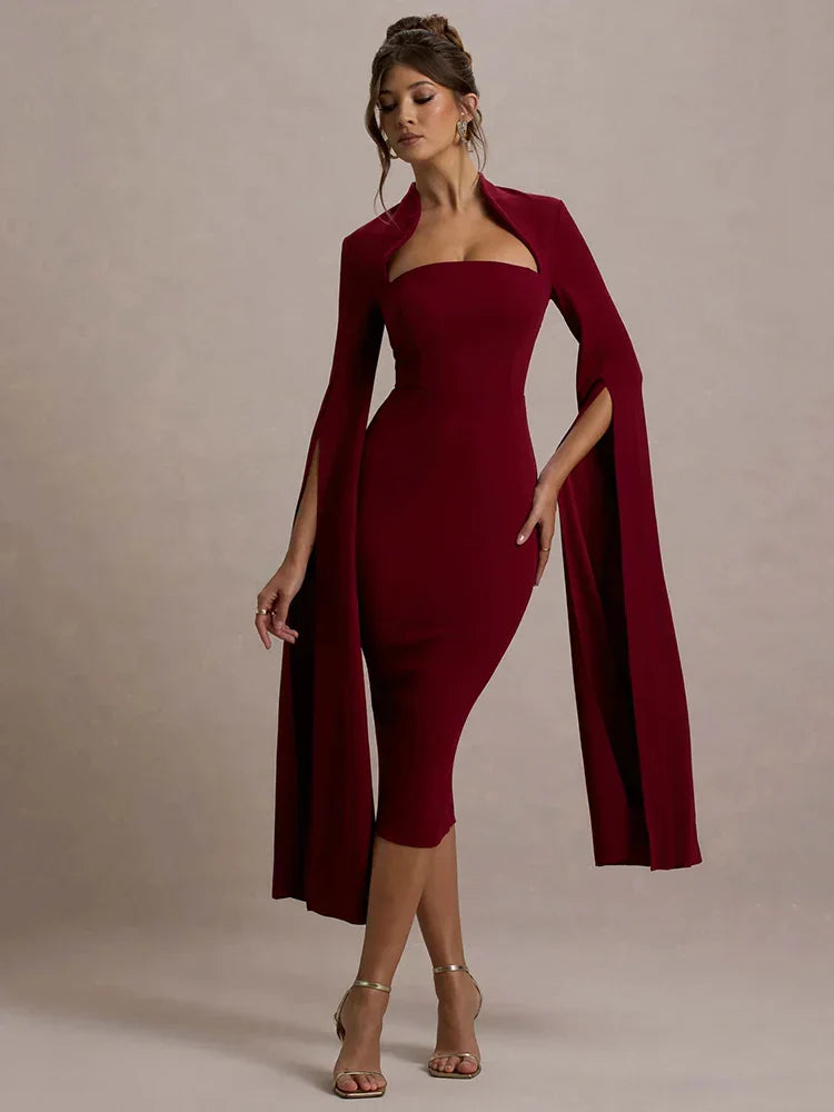 Long Cape Sleeve Back Slit Midi Dress