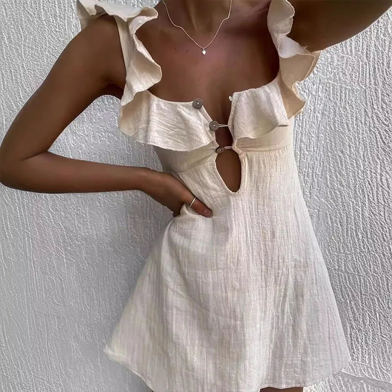 Ruffled Hollow Cotton Beach Gothic Mini Dress