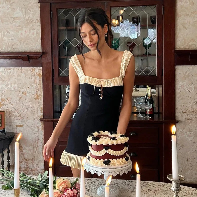 Lace Button Tank Backless Mini Dress