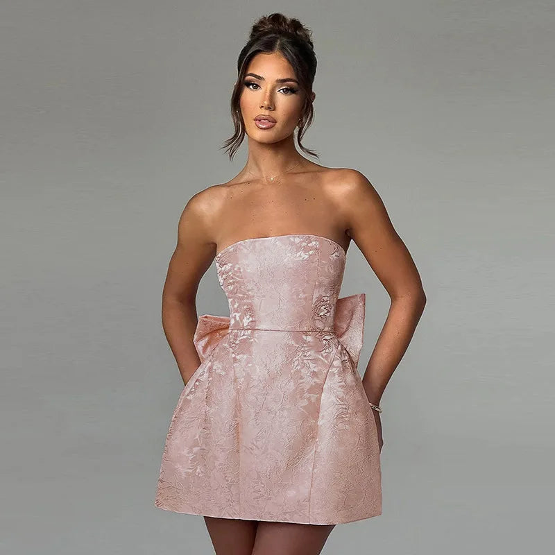 Backless Bow Jacquard A Line Mini Dress