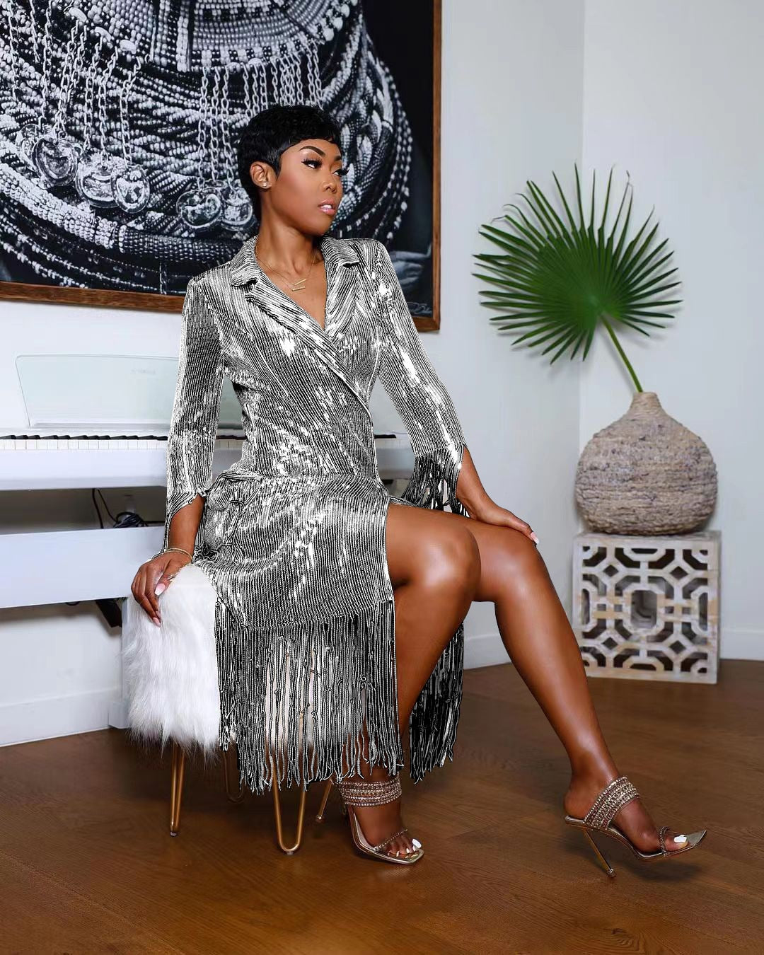 Kissnovaa - Solid Notched Tassel Sequin Decoration Knee Length Dress