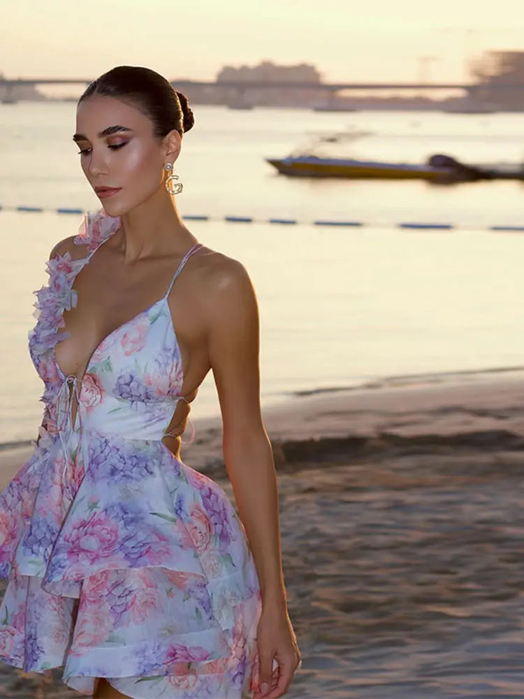 3D Botanical Halter Layered V Neck Mini Dress
