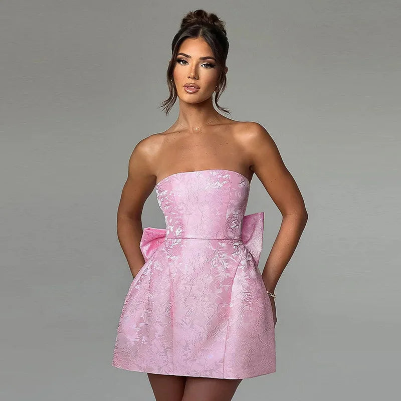Backless Bow Jacquard A Line Mini Dress