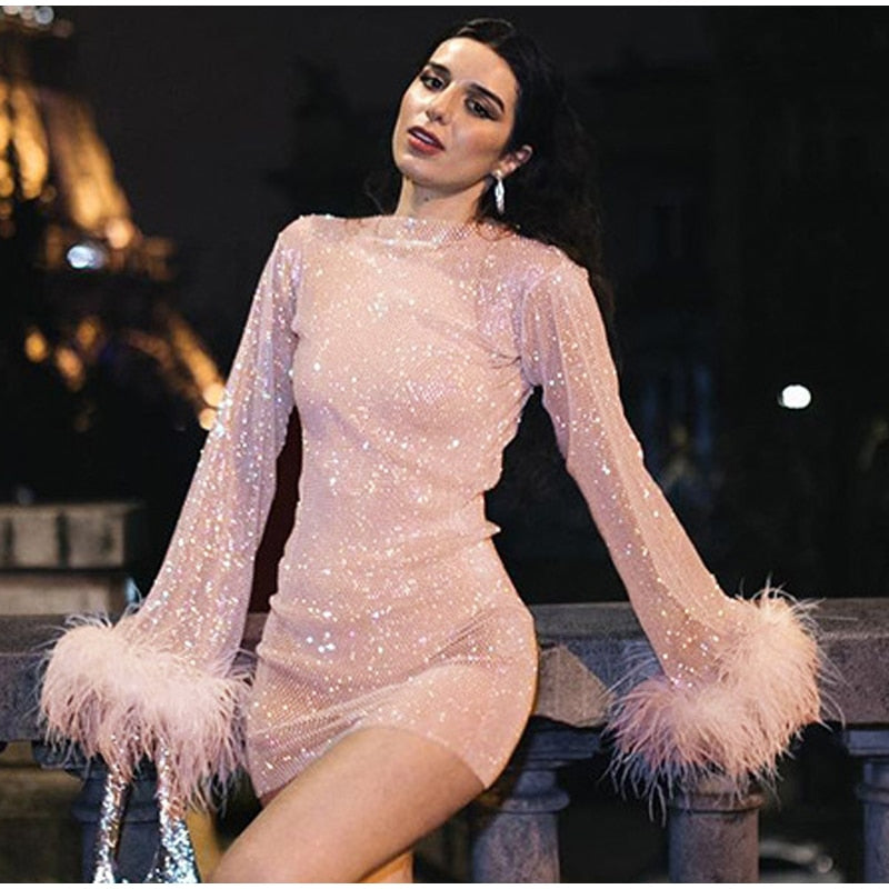 Kissnovaa - See Through Long Sleeve Shinny Sequins Club Party Outfit