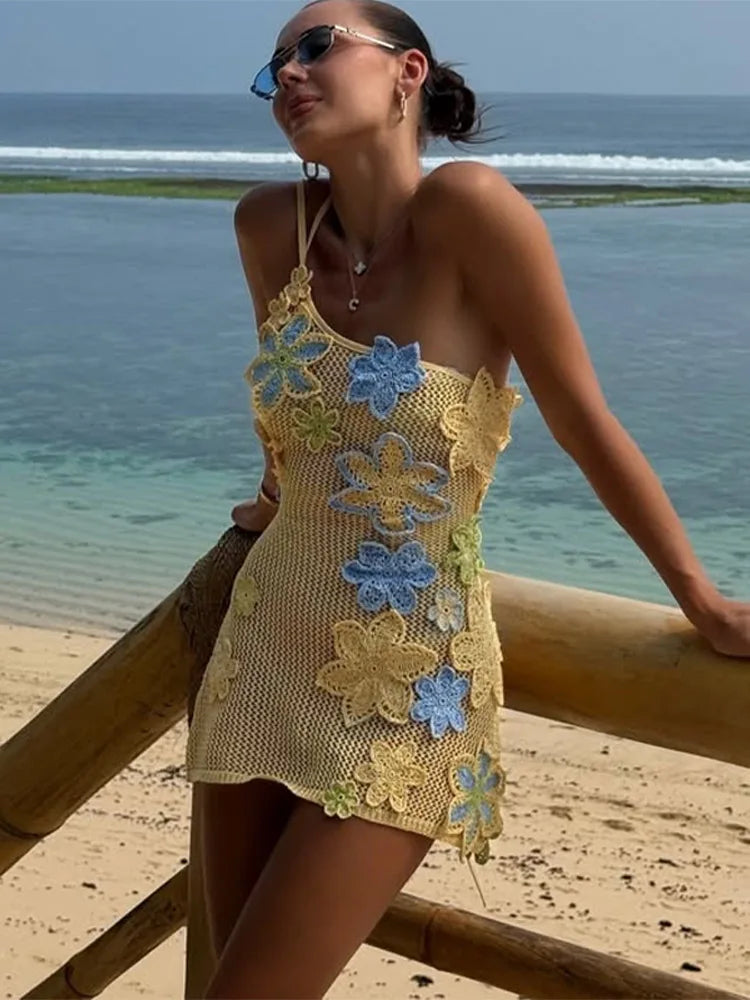 Crochet Embroidery Strap Hollow Mini Dress
