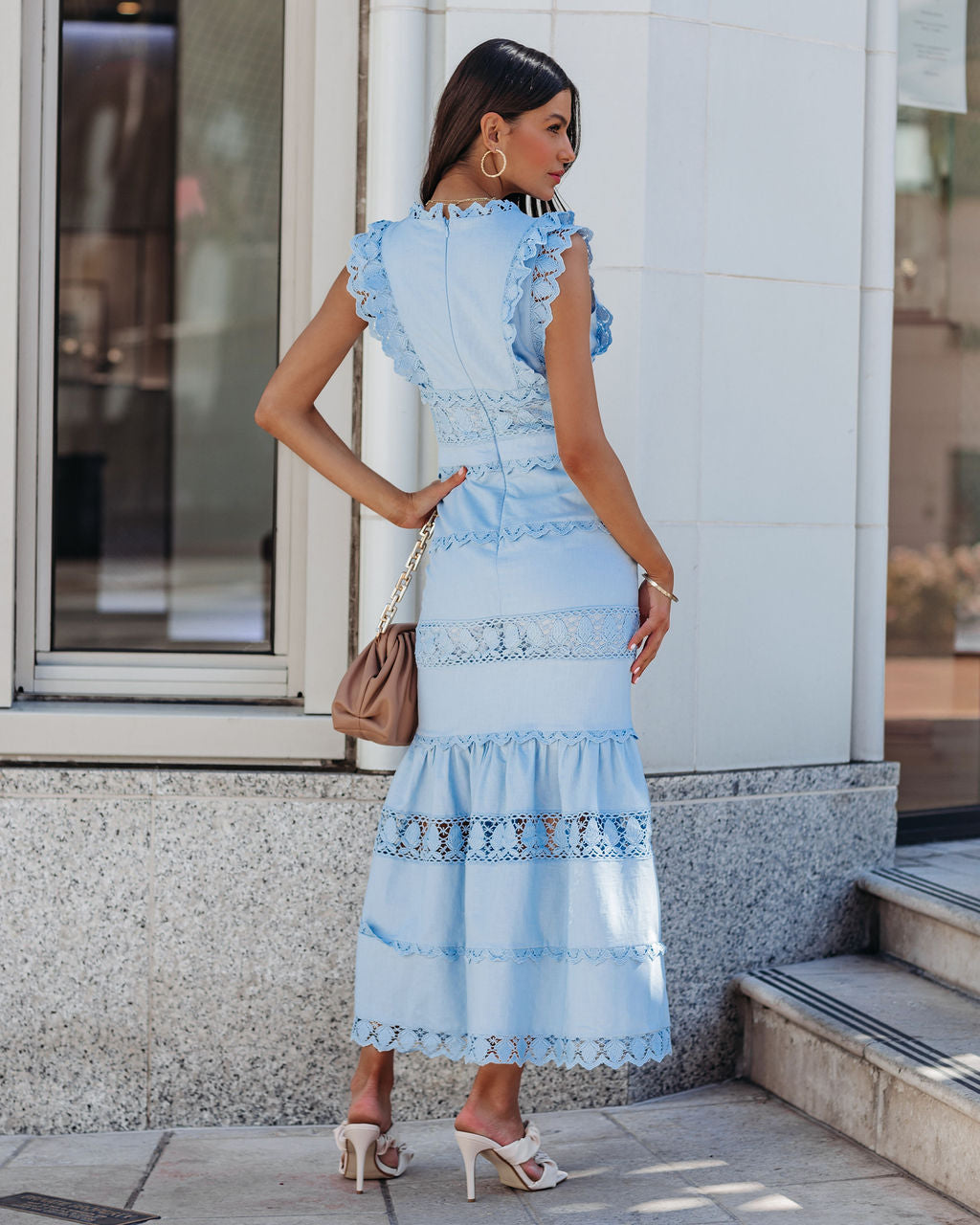 Cotton Sacha Linen Crochet Tiered Midi Dress