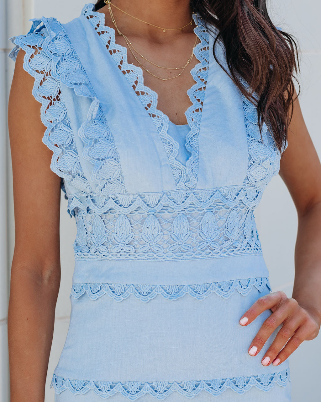 Cotton Sacha Linen Crochet Tiered Midi Dress