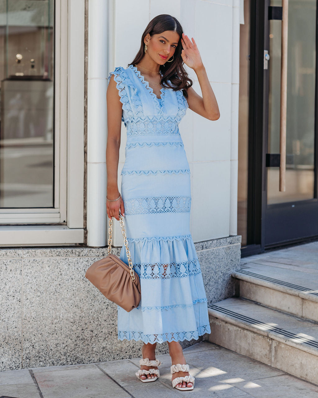 Cotton Sacha Linen Crochet Tiered Midi Dress