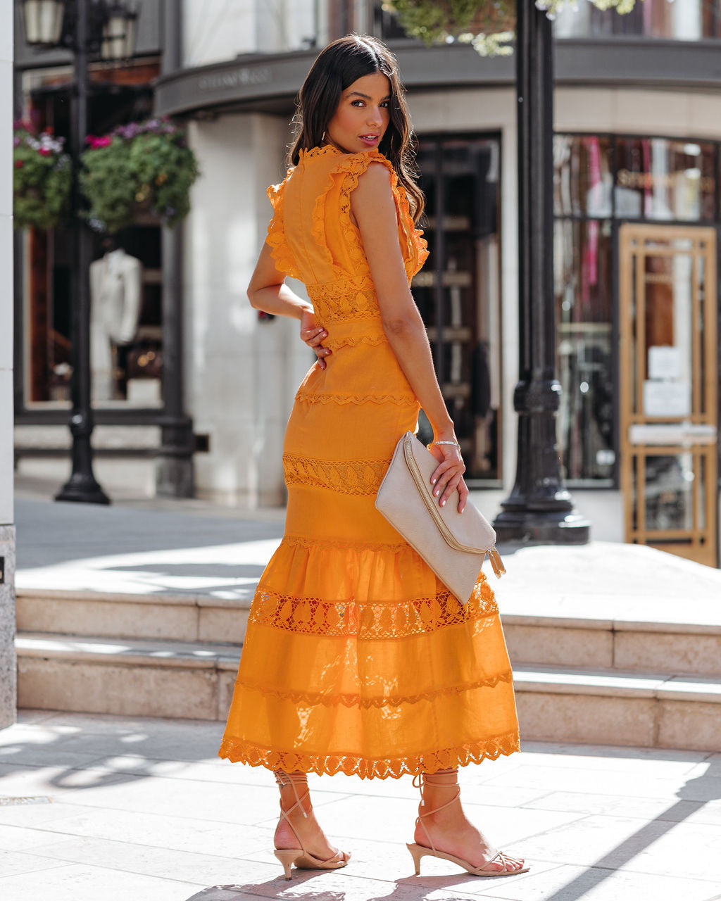 Cotton Sacha Linen Crochet Tiered Midi Dress Tangerine