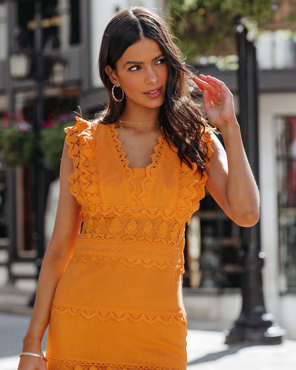 Cotton Sacha Linen Crochet Tiered Midi Dress Tangerine