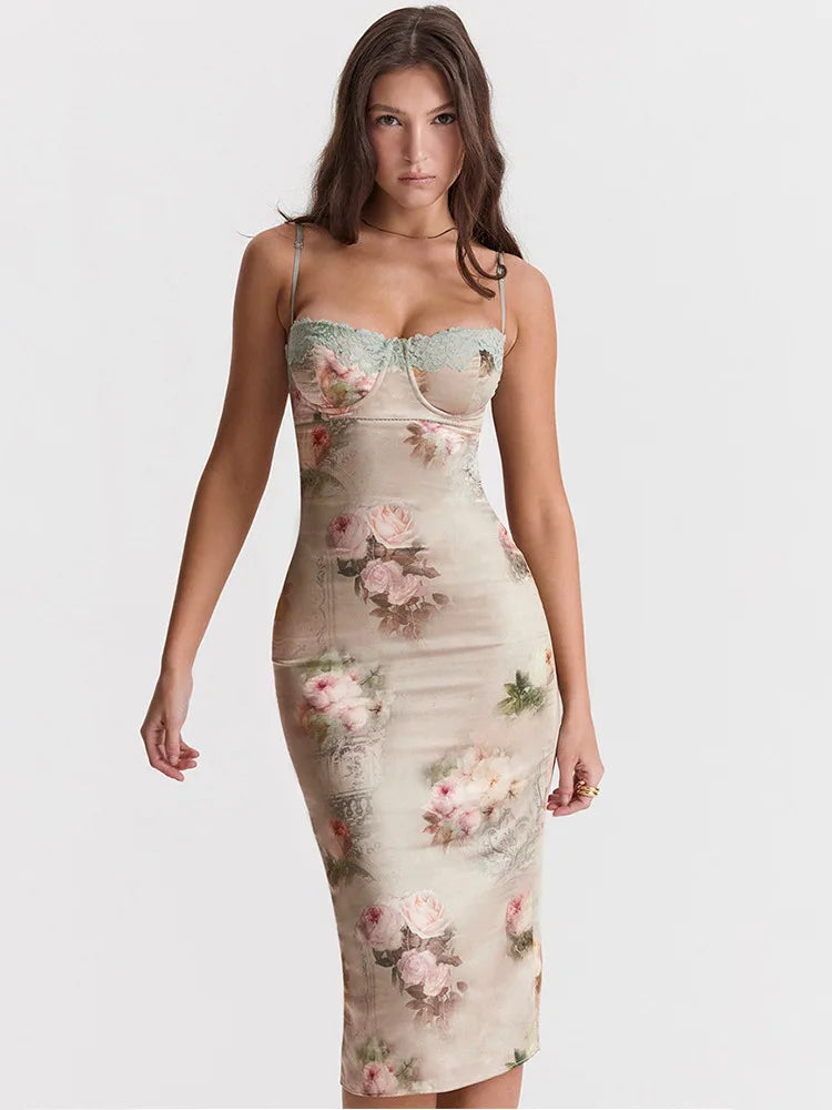 Print Lace Spaghetti Strap Midi Dress