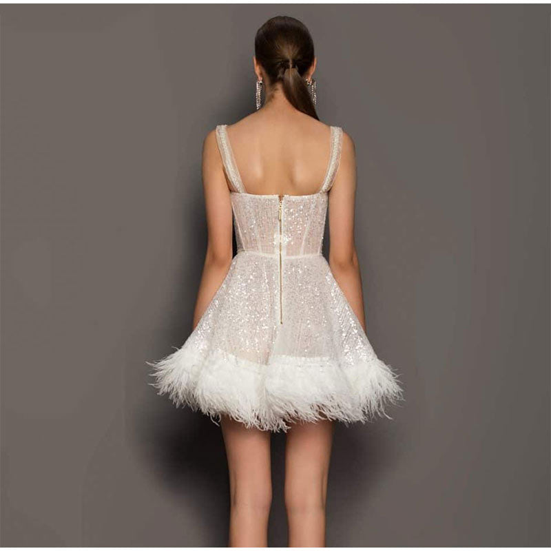 Kissnovaa - Off Shoulder Slip Feather Sequin Sleeveless Dress