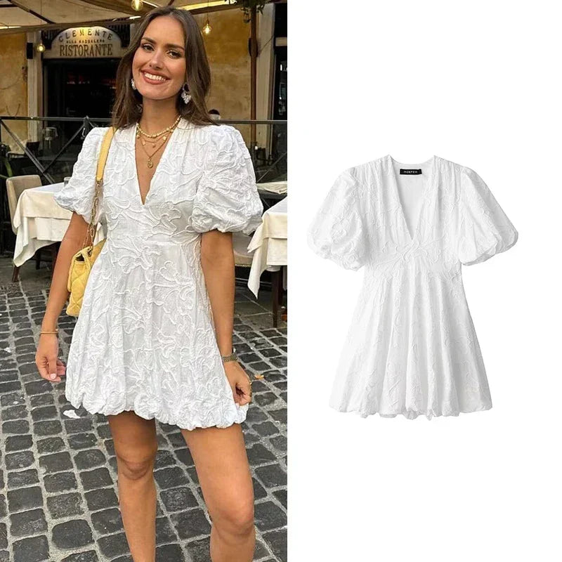 Minimalist Claudia White Mini Dress with Puff Sleeves Elevated Occasion Wear