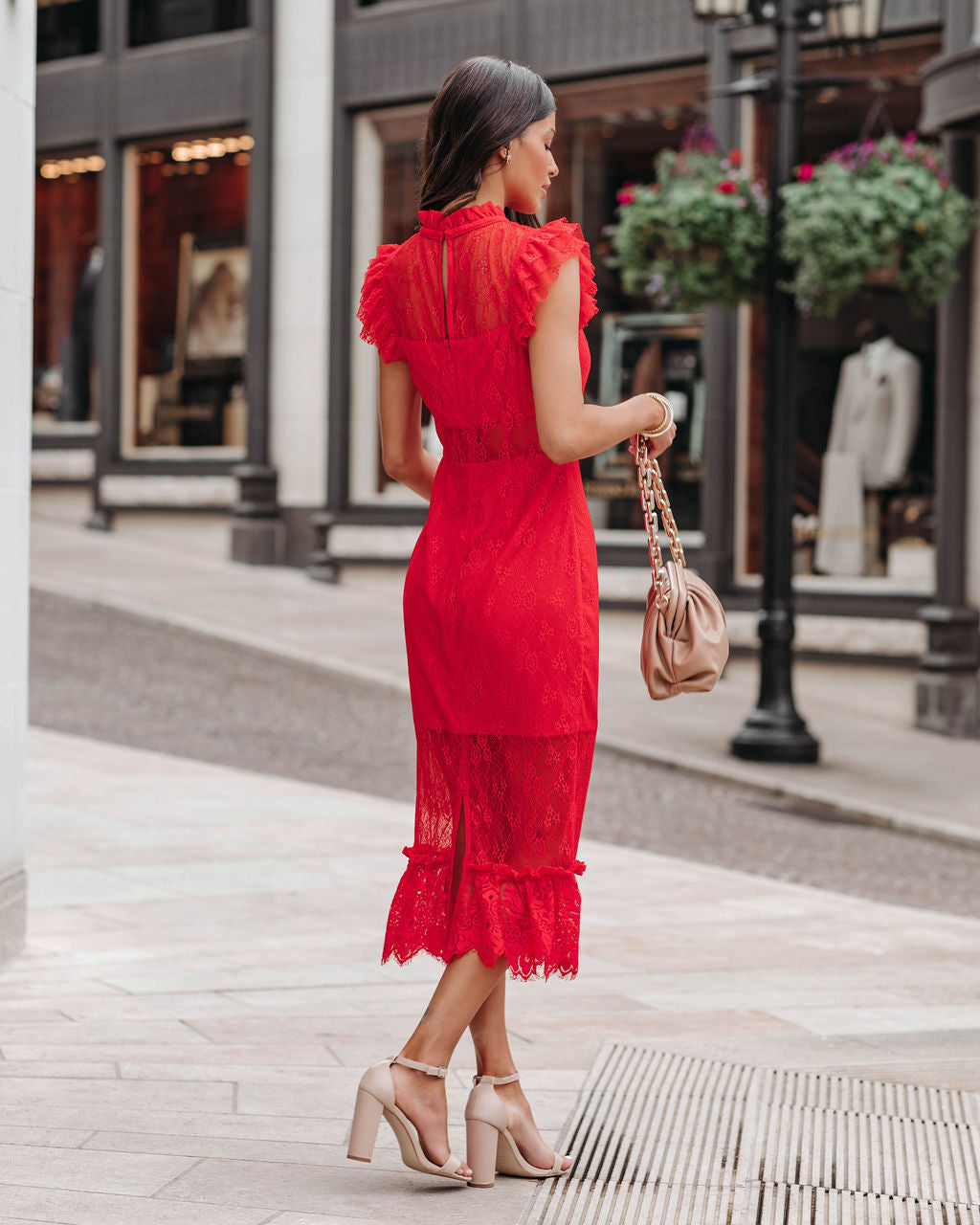 Sheer Saige Lace Midi Dress Red