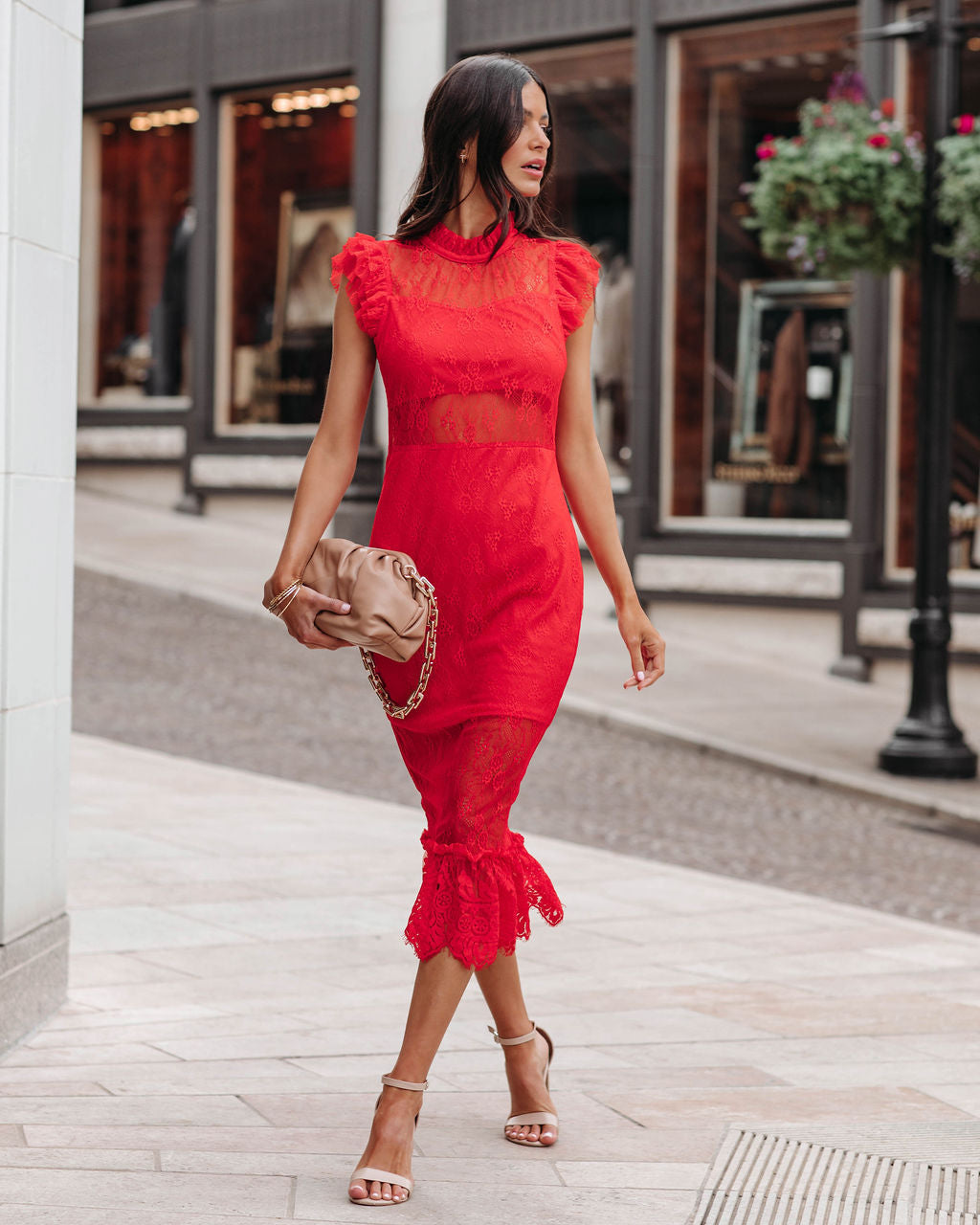 Sheer Saige Lace Midi Dress Red
