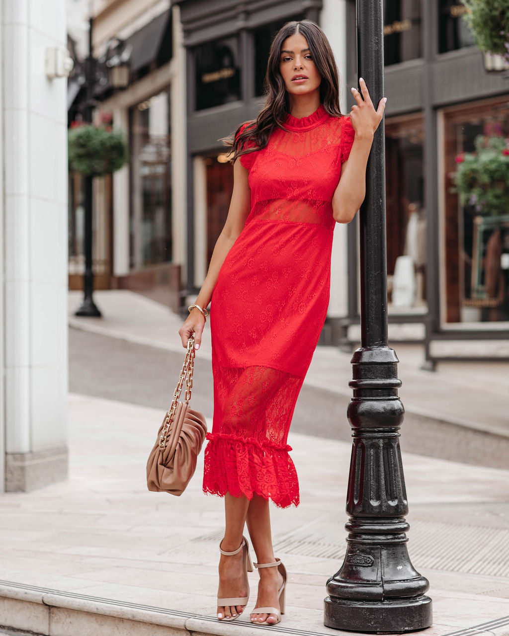 Sheer Saige Lace Midi Dress Red