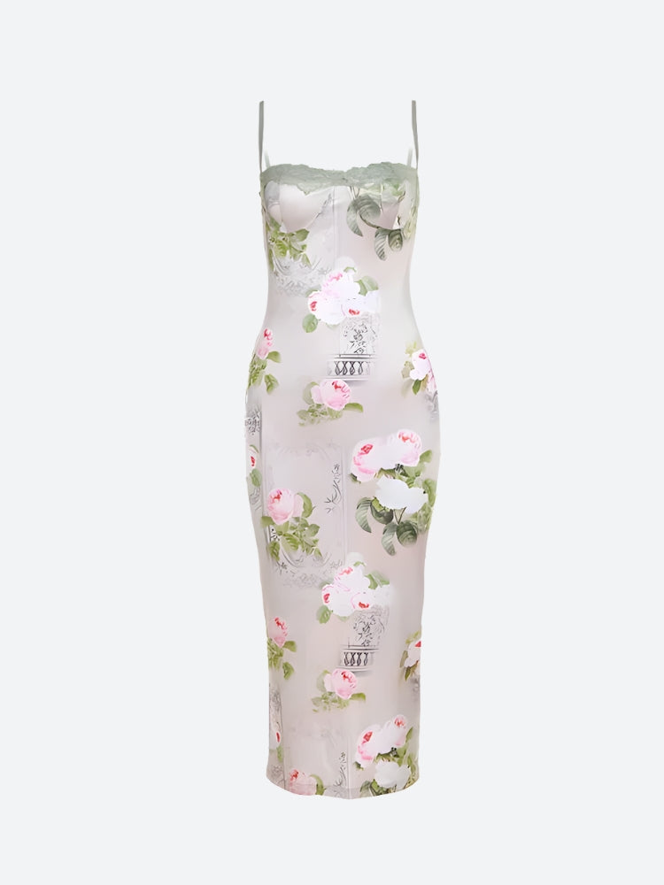Satin Botanical Midi Dress