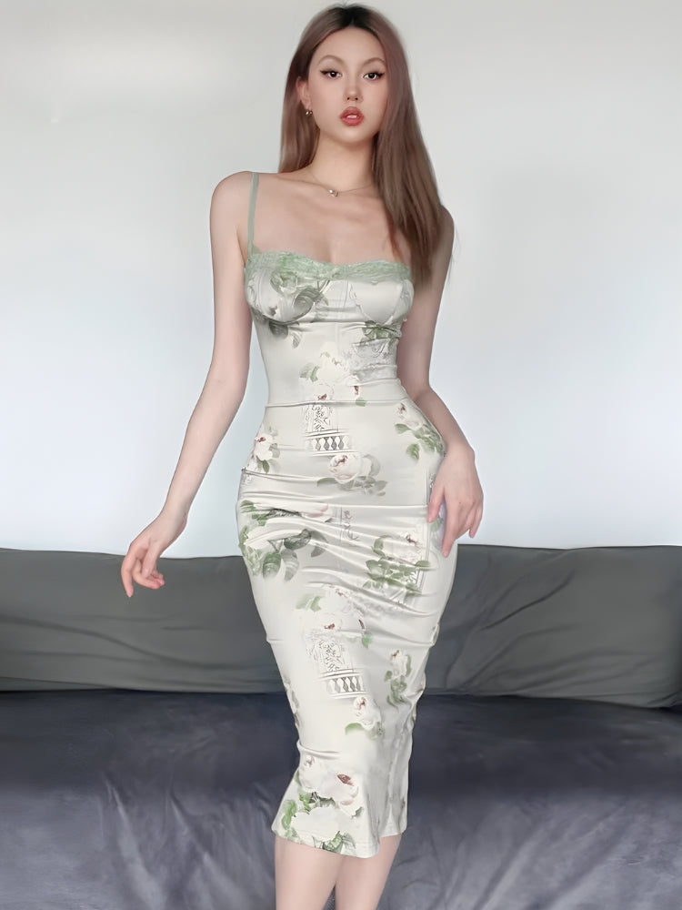 Satin Botanical Midi Dress