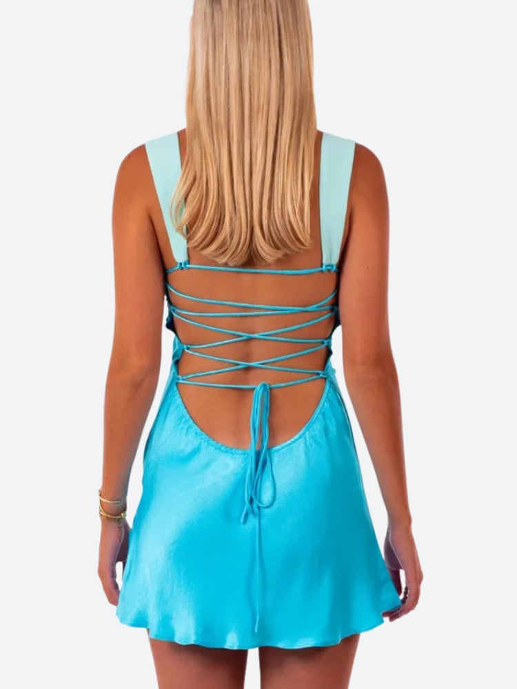 Lace Satin Up Backless Mini Dress