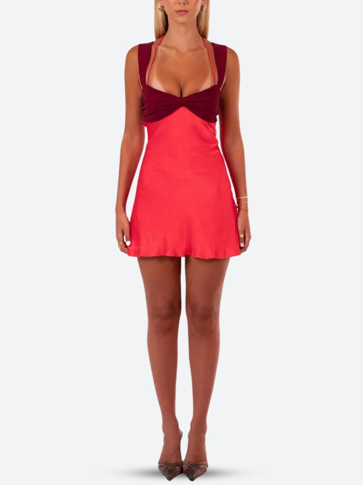 Lace Satin Up Backless Mini Dress