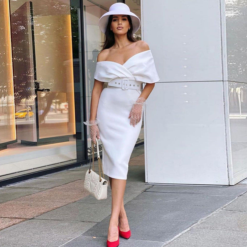 OffShoulder Graceful Party Ladies Vintage Evening Formal Midi Dress