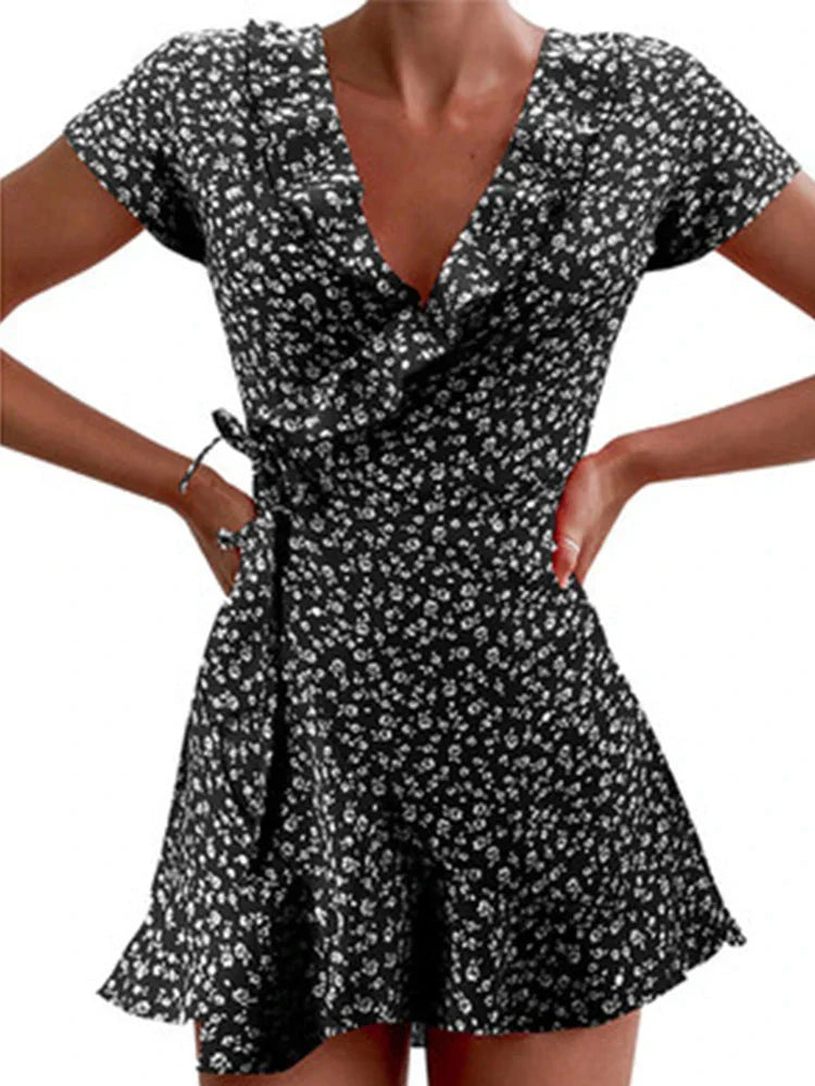 Julia Statement Flower Mini Dress with V Neck and a Line Design Boutique Collection