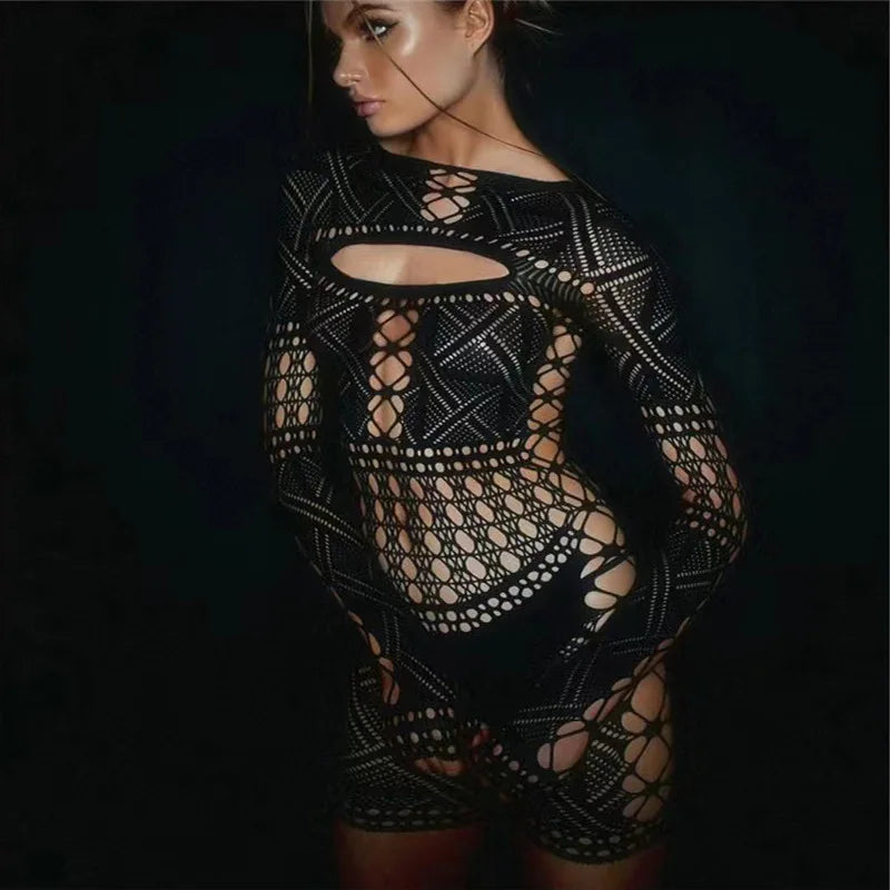 V Deep Lace Tight Hollow Party Mini Dress