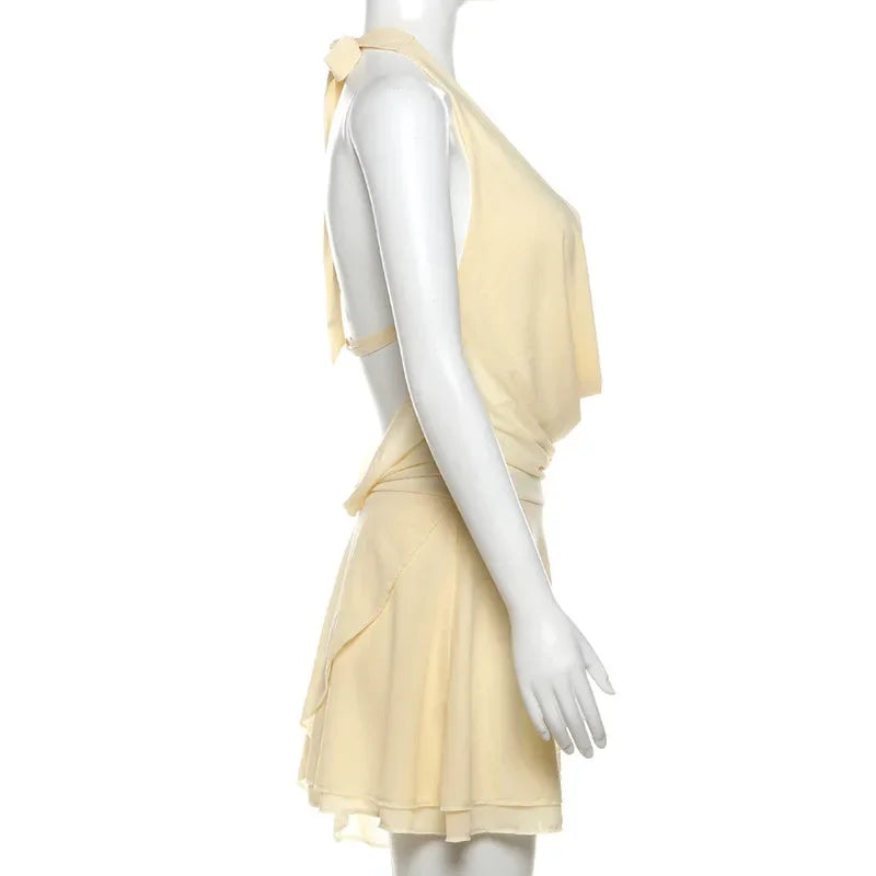 V Neck Attractive Fashion Mini Dress For Women Ruffled Backless Lace Up Patchwork Mesh Autumn Slim Solid Female Party Dress