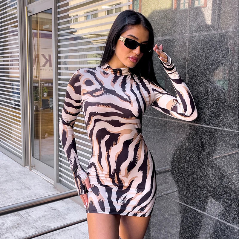 Print Zebra Long Sleeve Wrap Mini Dress